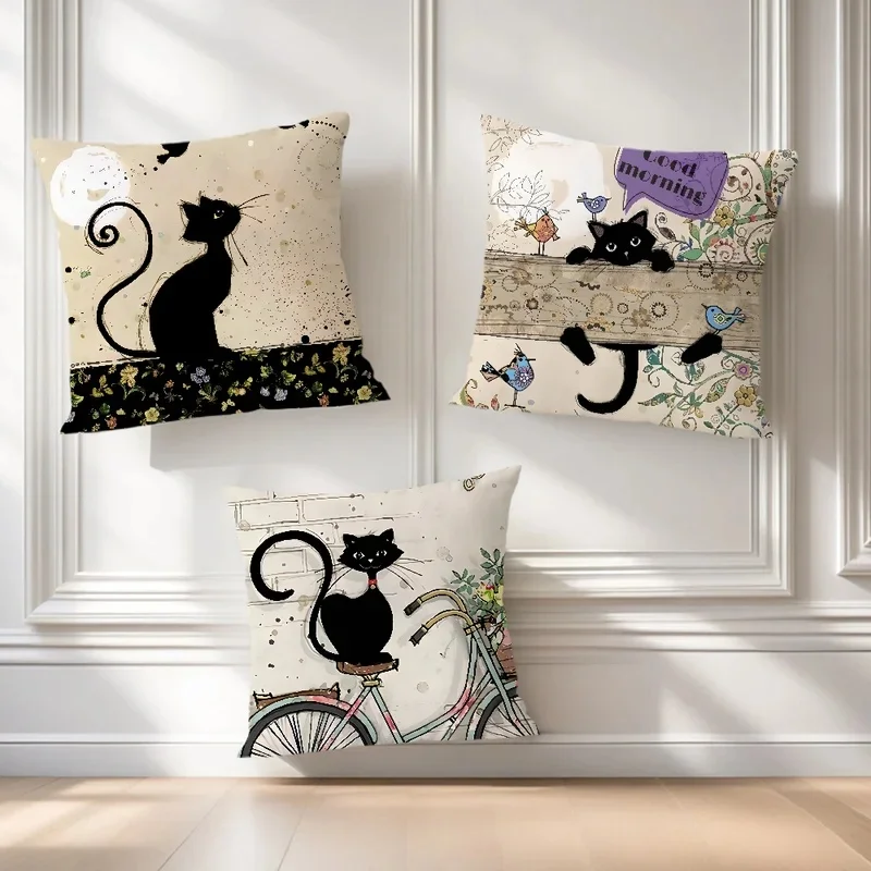 Vintage French Soft Comfortable Black Cat Pillow Case Cartoon for Sofa Living Cat Room Home Office Retro Decor Protective Cover