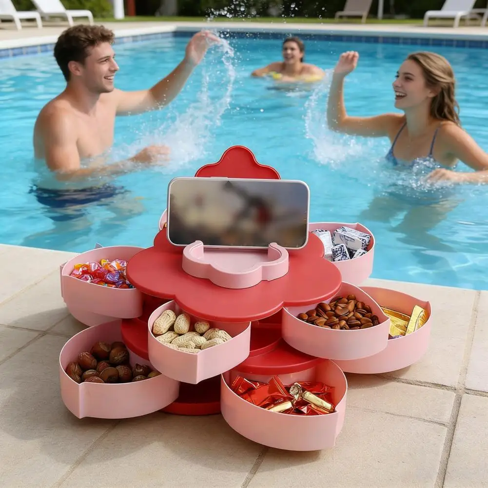 

Storage Tray Pp Plastic Storage Container Multi-layer Rotating Snack Tray with Lids Divided Fruit Nut Holder Dust-proof for Home