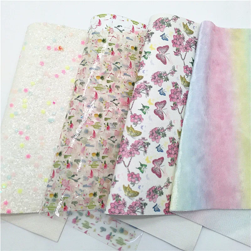 Flowers Glitter Leather Fabric Sheets Pastel Rainbow Crushed Velvet Flamingo Custom JELLY Sheets For Bows DIY 21x29CM Q991