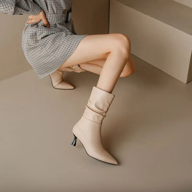SIMLOVEYO 2025 الخريف تصميم النساء منتصف العجل الأحذية أشار تو الكعوب رقيقة 5 سنتيمتر سحب على أحجام كبيرة 46 47 48 مثير تاريخ حفلة بوتا