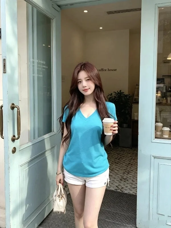 plus Size Women's Lake Blue V-Neck Short Sleeve T-Shirt Summer Lazy Style White Slimming Versatile Top Korean Style Commute