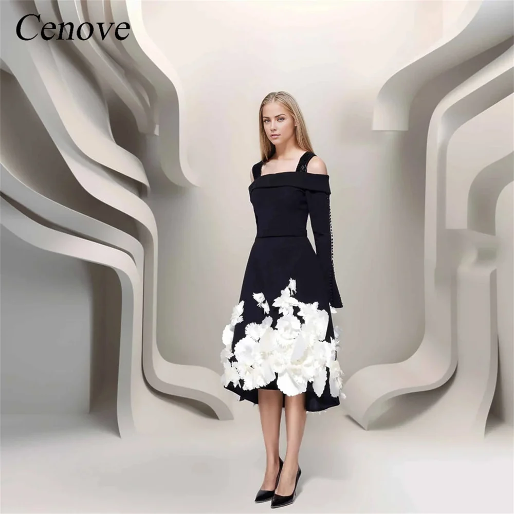 Cenove Square Collar Prom Dress Tea-Length With Long Sleeves Evening Summer Elegant Party Dress For Women