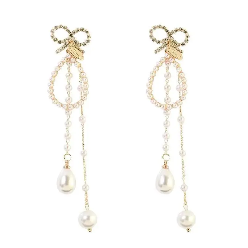 925 Silver Needle Crystal Bowknot Long Pearl Tassel Earrings For Women Jewelry 2024 Trending Exaggerated Vintage Drop Earrings