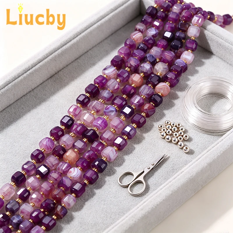Facettierte Lila Gestreifte Achat-Würfelperlen mit Gold-Abstandshaltern, Natürliche Lose Perlen für DIY Armband, Halskette, Ohrringe und Schmuckherstellung – Detail 3
