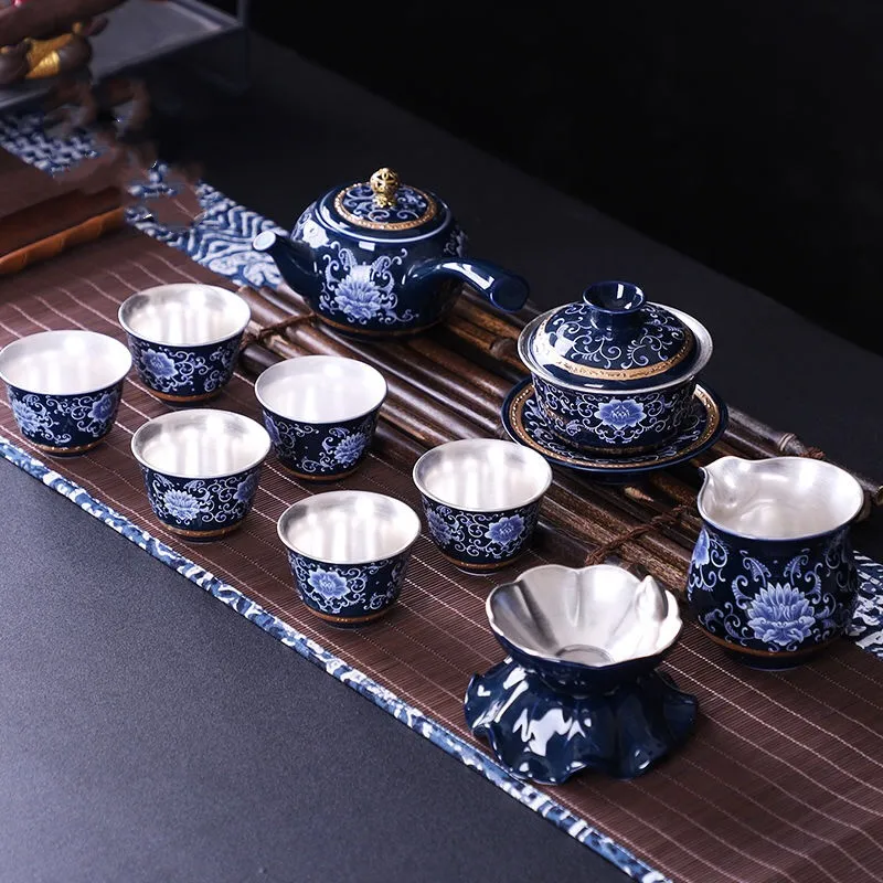 High-end silver tea set, gift set, silver cover bowl, side handle pot set, Jingdezhen blue and white silver kung fu tea cup set