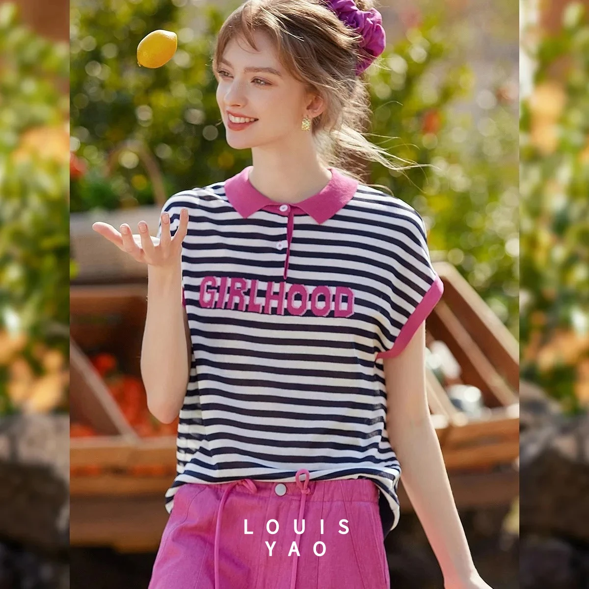 LOUISYAO Contrast Color Stripe Short Sleeve Tee 2025 Summer Women Micro Elastic Jacquard Shoulder Casual T-Shirt 