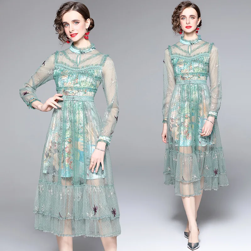 Moda estate volant maglia fiore ricamo abito donna stand manica lunga stampa cartone animato patchwork verde tulle abiti da festa