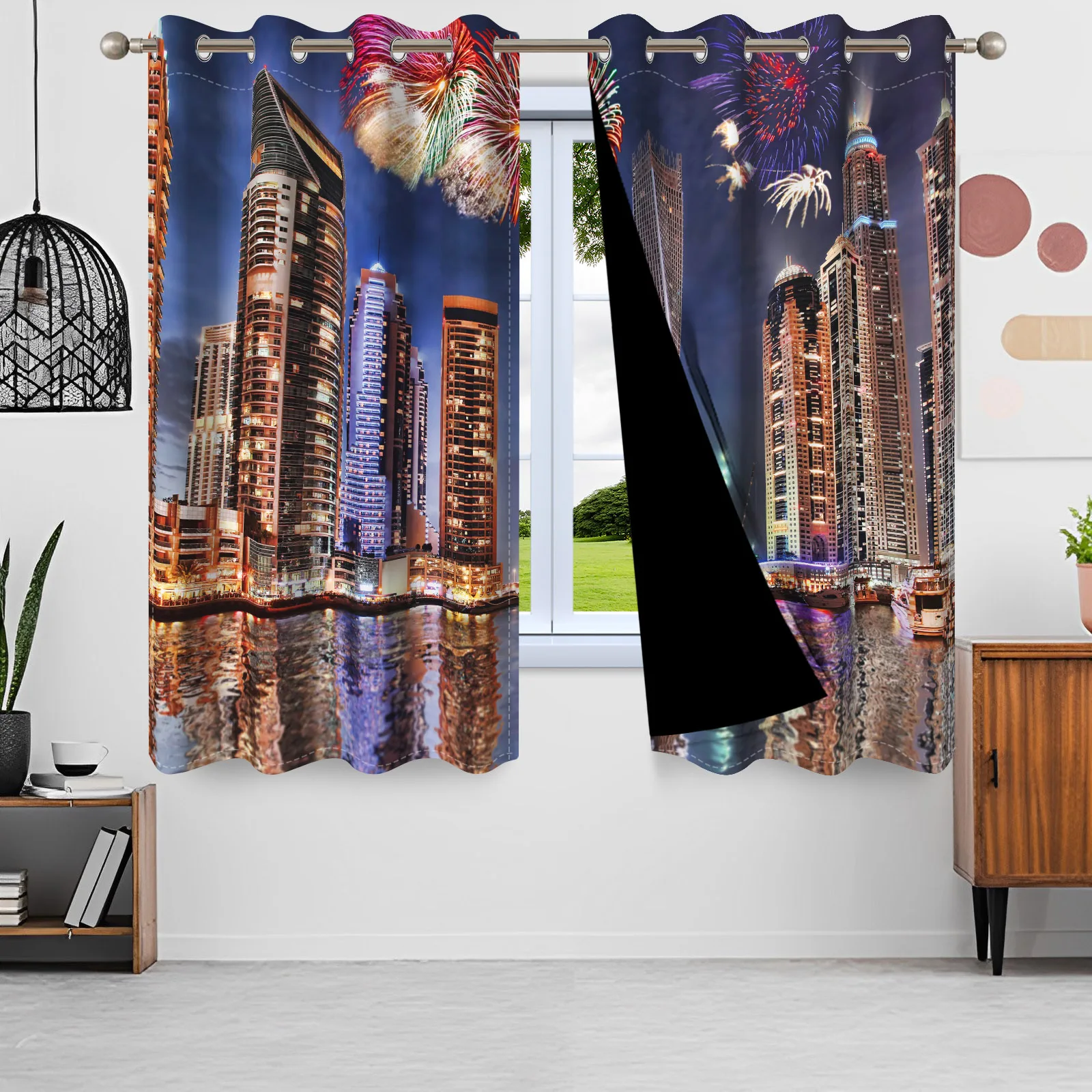 موردن مدينة بناء الألعاب النارية نهر المشهد ستائر التعتيم غرفة المعيشة غرفة نوم العزل الحراري الحد من الضوضاء نافذة الستائر #5