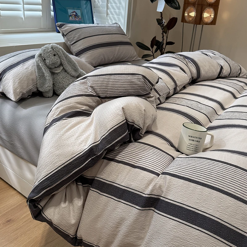 Modern Wide Striped Bedding Set,1 Duvet Cover 1 Flat Sheet 2 Pillowcases, Ultra Soft & Breathable Skin Friendly Bed Linen Set