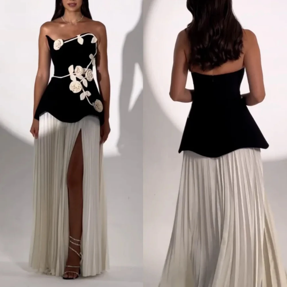 Abiti da sera eleganti Jersey Fiori Pieghe senza spalline Abito lungo a trapezio Squisito abito da ballo di alta qualità da donna personalizzato