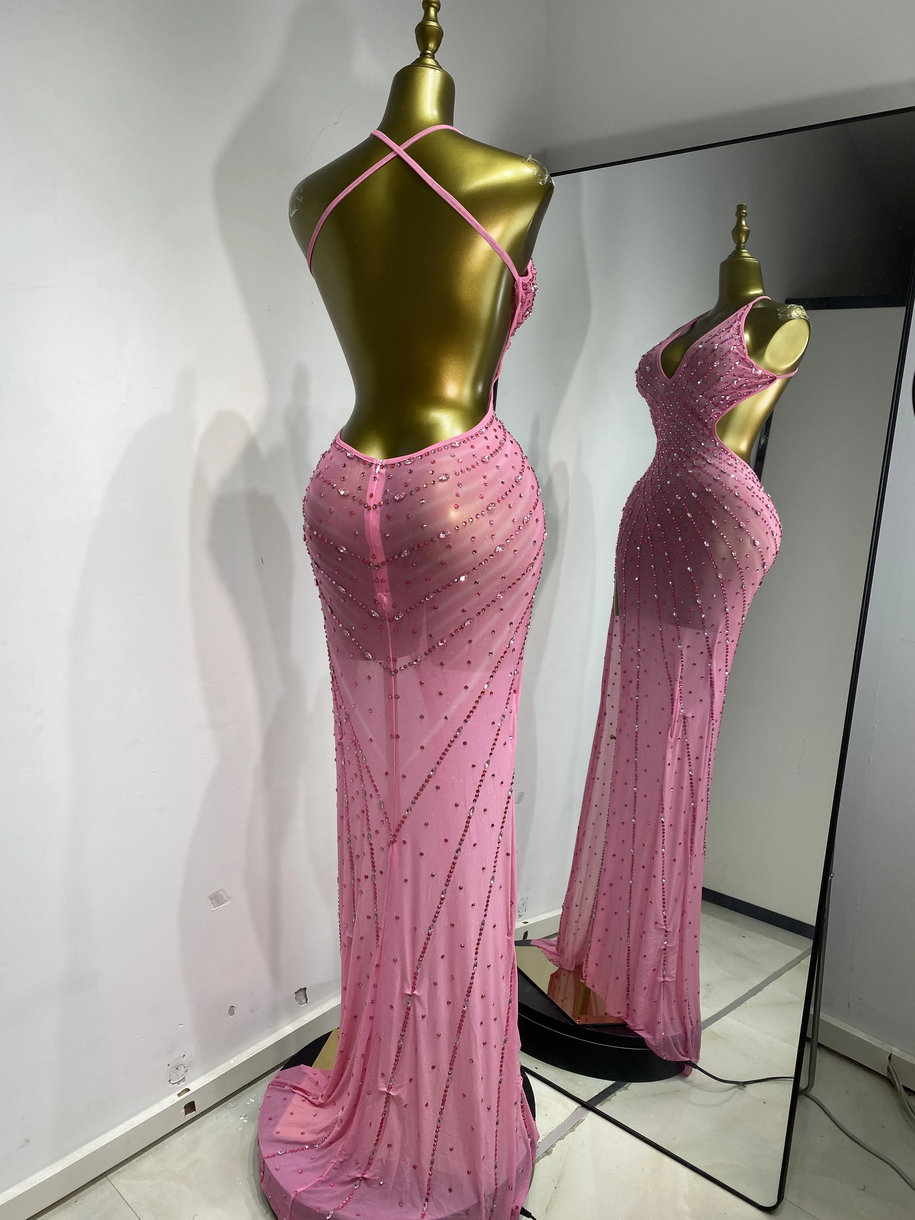 

Women Luxury Pink Sparkly Rhinestones Mesh Party Dress Spaghetti Strap Maxi Long Soft Comfortable Birthday Evening Gala Gowns