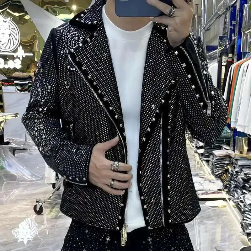 European Style Men Streetwear Jacket Fall Winter Casual Men Motorcycle Jacket Top Men Fashion Trend Star Hot Drilling Men Jacket