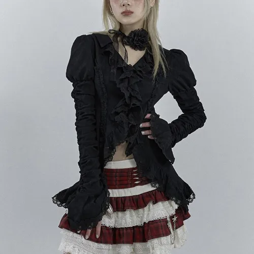 Imagen 2 del producto Karrcat-camisa gótica de encaje negro, blusas irregulares de estética oscura, estilo Yamamoto, camisa de manga acampanada Grunge con cuello en V, Vintage Y2k Emo