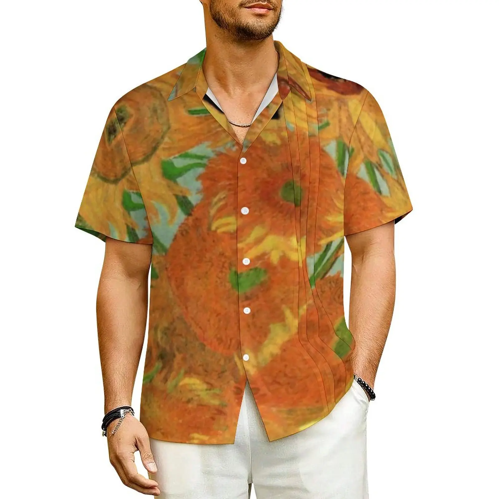 

Vase With Sunflower Beach Shirt Sunflowers by Vincent Van Gogh Hawaii Casual Shirts Men Blouses Short Sleeve Streetwear Tops