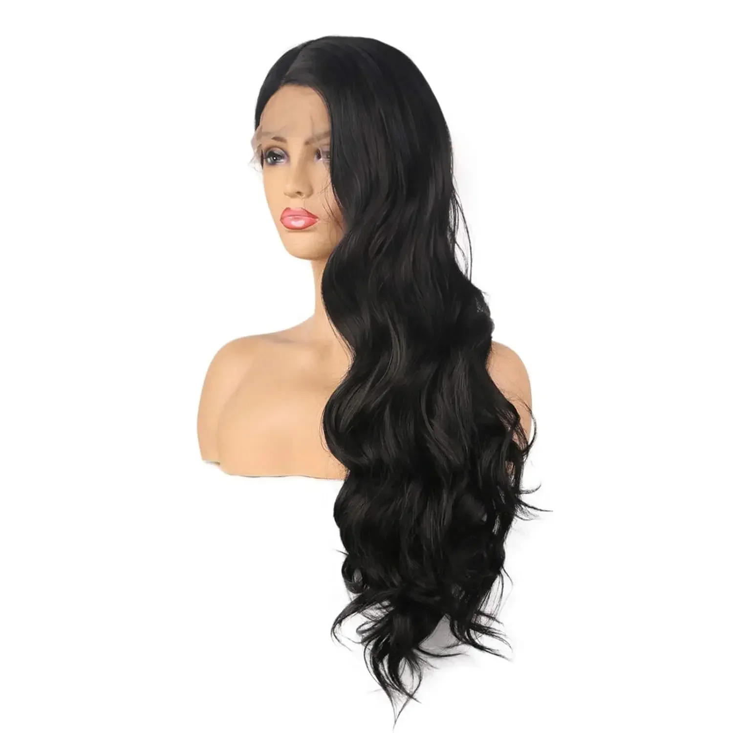 Perruque Lace Front Synthétique Longue et Ondulée Noire pour Femme, Cheveux Sans Colle, Fibre de Degré de Chaleur, Cosplay Party et 03/Wear