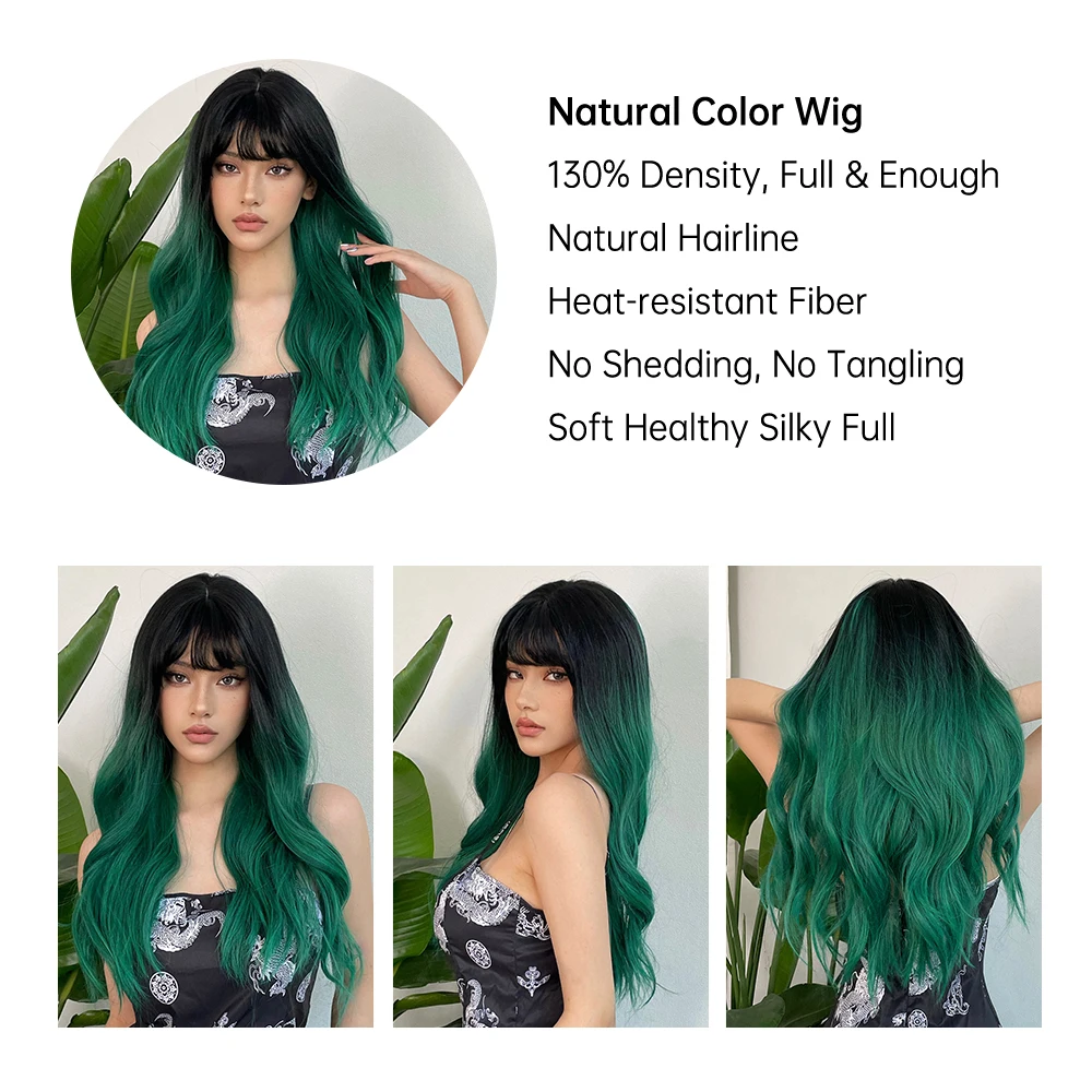 LOUIS FERRE Synthetic Black Green Ombre Long Wavy Curly Wig for Women Natural Hair With Bangs Cosplay Party Heat Resistant Wig