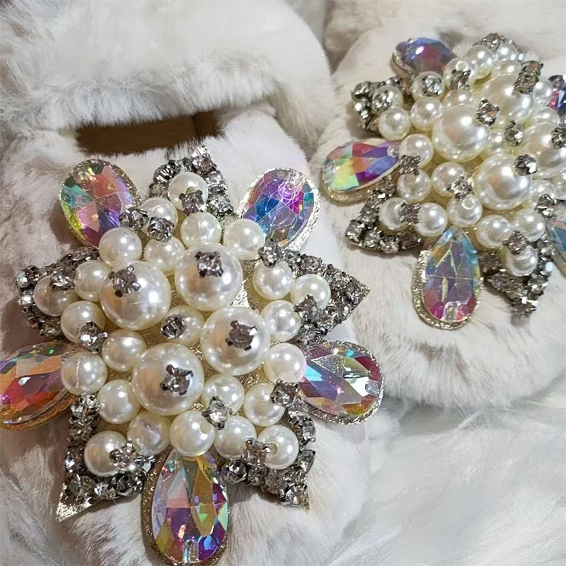 Luxury Crystal Pearl Gemstone Accessories Wedding Party Naked boots Handmade custom white shallow cut women\'s cotton shoes 35-40