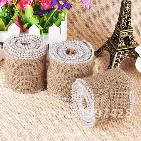 Vintage Natural Burlap Hessian Ribbon with Bead 5cm for Wedding Party Decoration, Craft Lace Trim AA7886