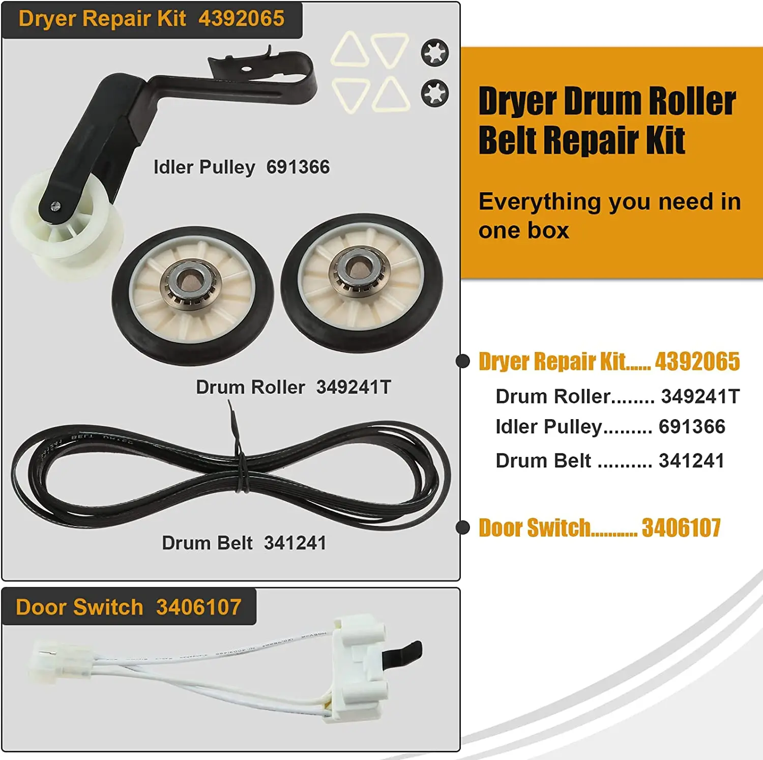 7pcs/1set 4392065 349241t Dryer Part Kit 341241 Drum Belt Latch Idler Pulley Rollers for Whirlpool Maytag 660996 8066065 3406107