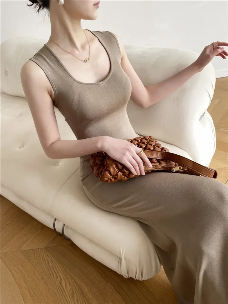 

2024 Elegant Women Sexy Dresses O-Neck Sleeveless Slim Maxi Dress High Stretch Tank Robe Summer Thin Long Dress Vestidos Femme
