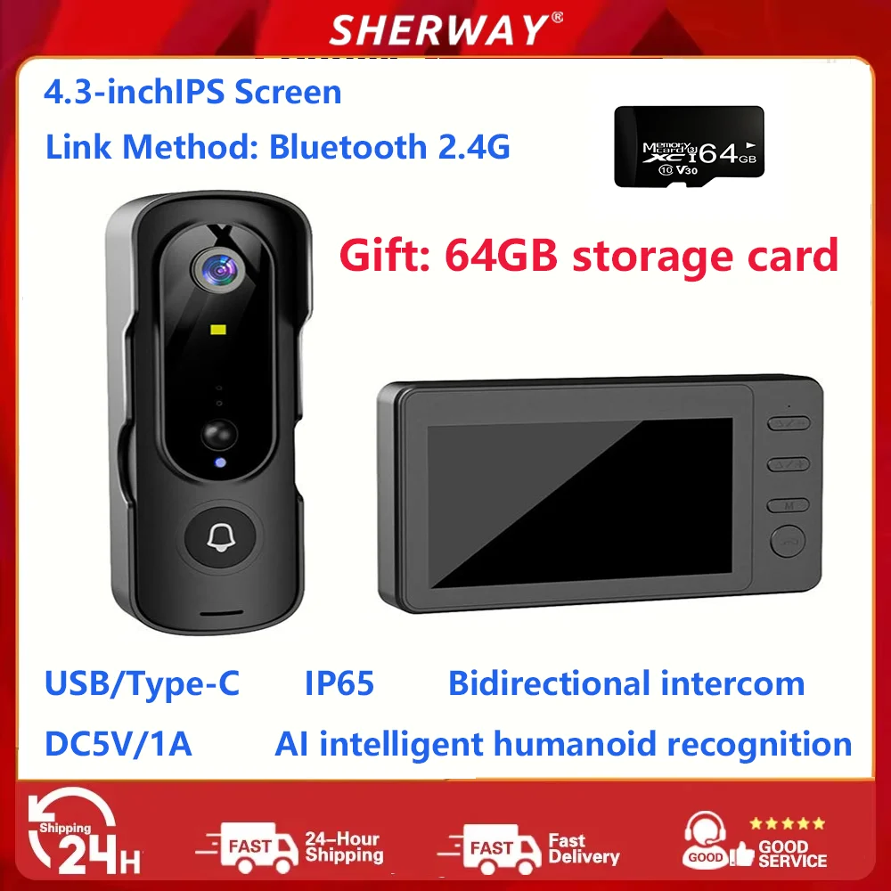 

M2 4.3-inch IPS screen infrared night vision doorbell camera1080P intelligent high-definition video monitoring two-way intercom