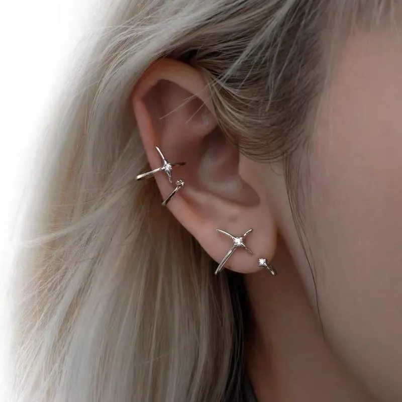 Niche Design Star Track Cubic Zirconia Ear Cuff Non-tarnish Stainless Steel No Piercing Cartilage Clip Niche Women Ear Jewelry