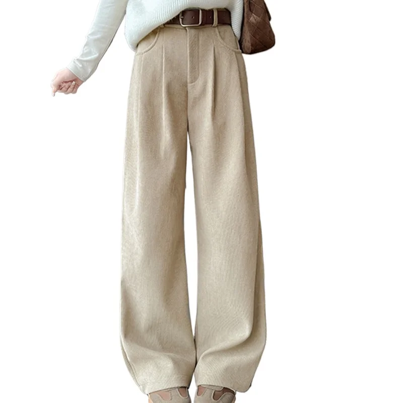 

Вельветовые брюки цвета хаки с широкими штанинами для женщин, осенние мешковатые повседневные брюки с высокой талией, женские корейские прямые брюки на молнии на пуговицах