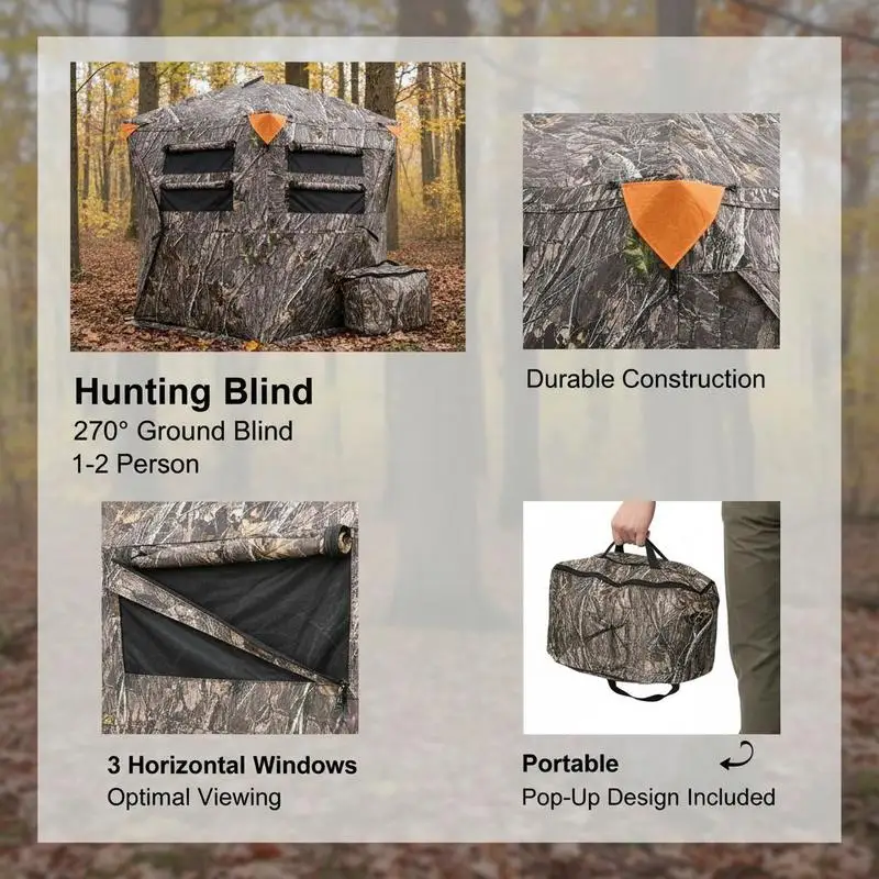Ground Hunting Tent 60x60x66 Inches For Deer Hunting Turkey Season Archery, 270 Degree One Way Mirror Vision 3 Horizontal Windows Resilient Fabric Portable Carrying Bag Pop Up Design 1-2 Person Capacity 300D Oxford Cloth Outdoor Concealment Gear view 5