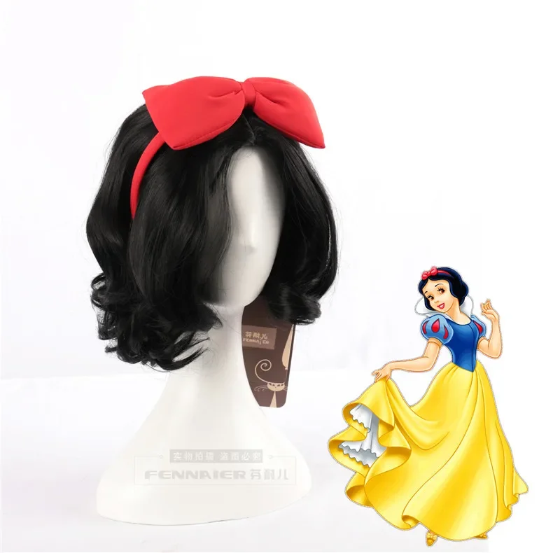 Halloween Women Snow White Princess cosplay Wig Stage Role Play black wavy hair with red bowknot hairband