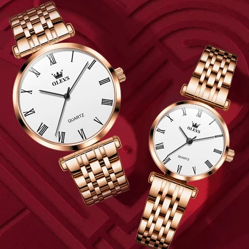 OLEVS Couple Watches Stainless Steel Watches Minimalist Roman Numeral Quartz Watch Lovers Watch Gift Set For Men Women Big Save