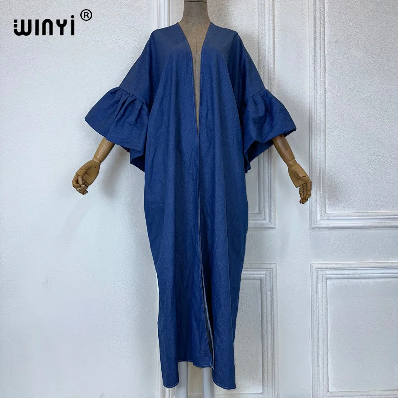 Sweter z denimowymi rękawami Kimono WINYI długi płaszcz elegancka sukienka futerał do pływania Up