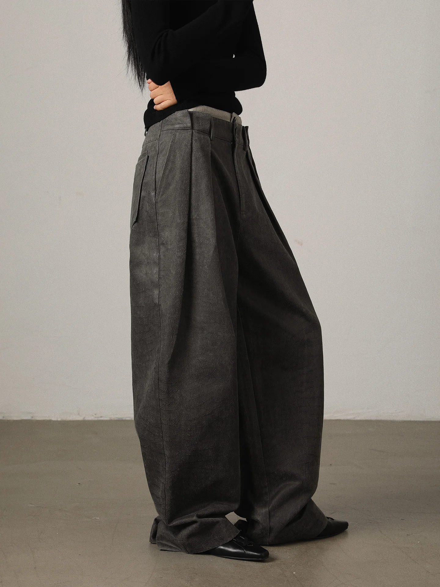 

Vimore Vintage Classic Loose Wide Leg Pants Double Pleat Drapey Lazy Straight Casual Trousers Women's High Waist Zipper Fly