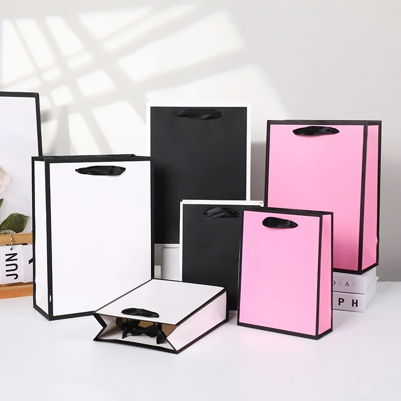 Image of 12/30 Stück luxuriöse Geschenktüten aus Papier, minimalistische Farbblock-Tragetaschen mit Satinbandgriffen für Kleidung und Partys