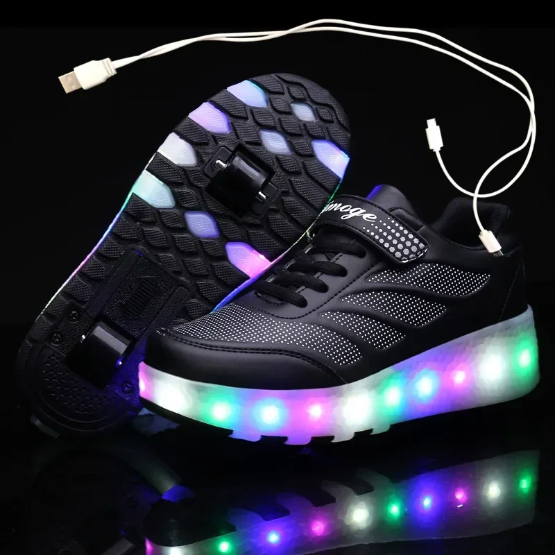 Ładowanie przez USB Czarne dwukołowe świecące trampki Led Light Roller Skate Shoes dla dzieci Buty LED dla chłopców i dziewczynek 28-43