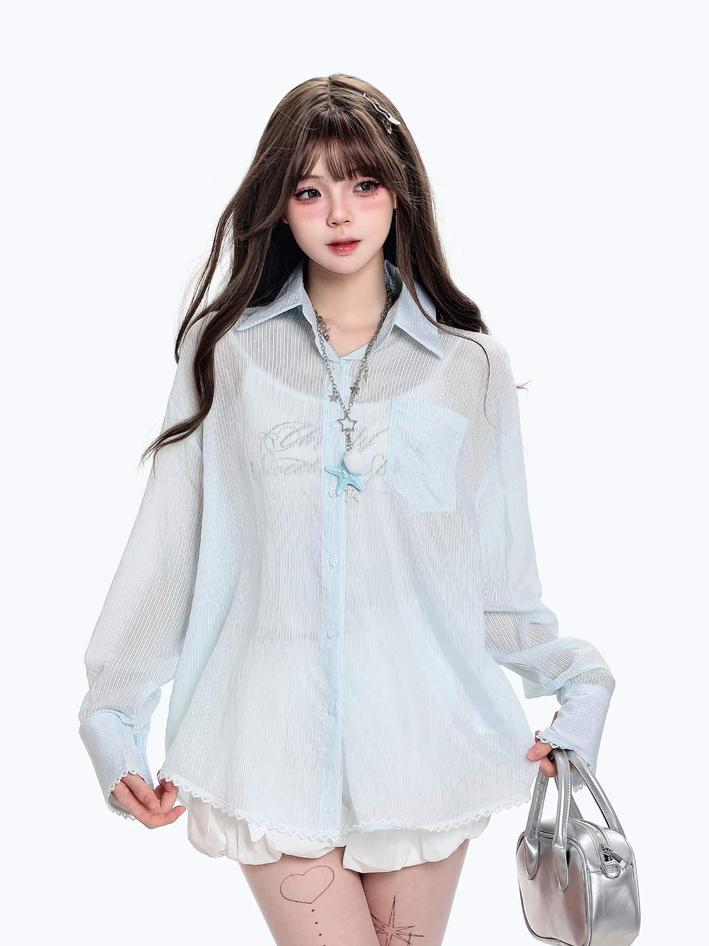 

Корейская высококачественная полупрозрачная рубашка с вертикальными полосками и длинными рукавами, женская летняя новая свободная повседневная универсальная рубашка с защитой от солнца