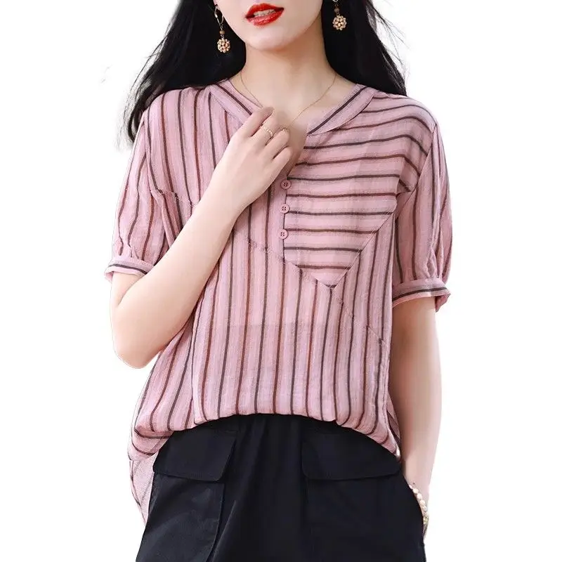 Camisa listrada de manga curta para mulheres novo decote em v chiffon topo roupas de verão da mãe elegante e elegante camisa casual