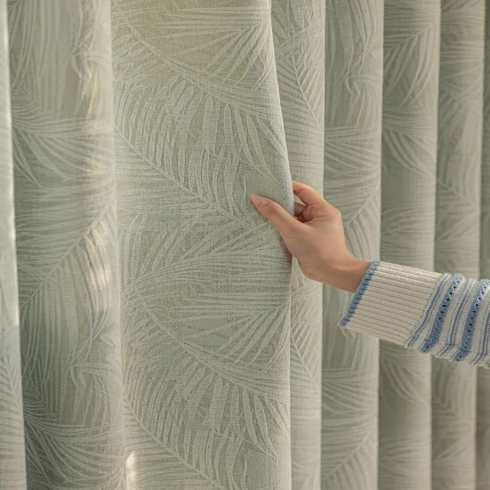 Blackout Curtains 106 Inch, Dining Room Darkening Panels, Light Green Leaves Jacquard Design, 2 Piece Grommet Set