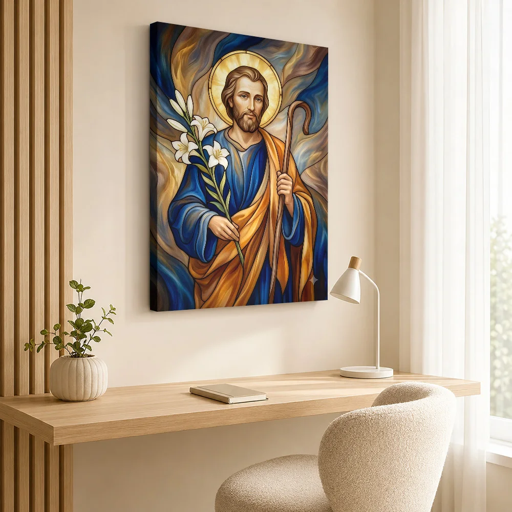 Saint Joseph Lilies Faith Wood Framed Canvas Print Personalized Photo Stained Glass Style Wall Art For Living Room Birthday Gift