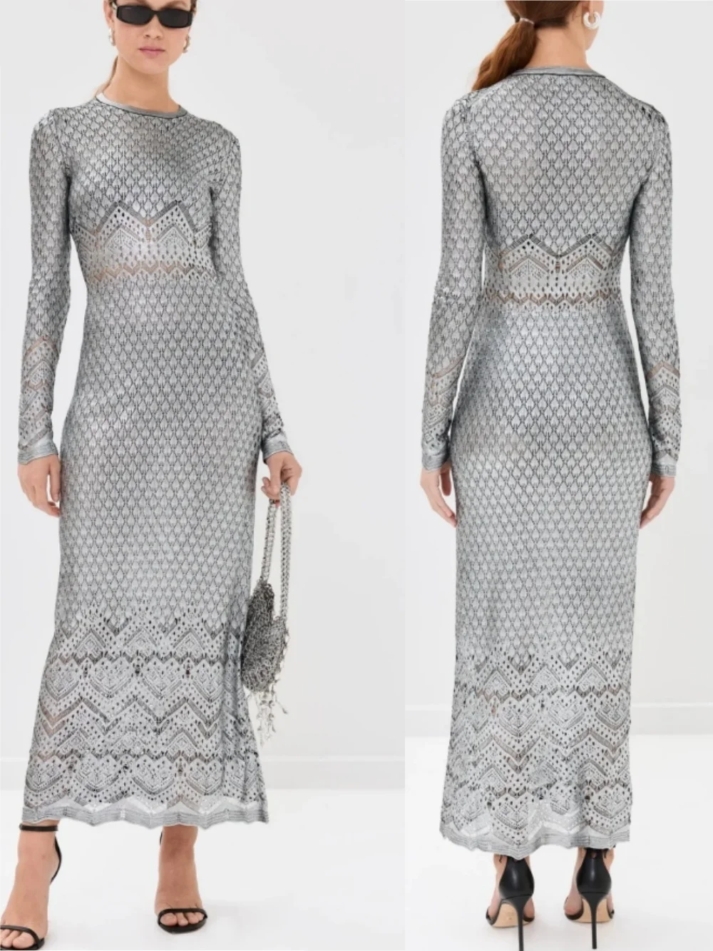 

Hollow Out Women's Knitted Maxi Dress Round Neck Long Sleeve High Waist Casual Ladies Robe