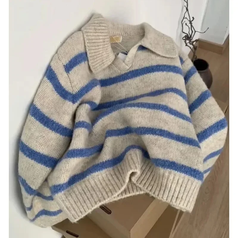 European Goods  Blue Stripe Polo Lapel Long sleeve Knit Sweater Women Autumn and Winter Lazy Pullover Top