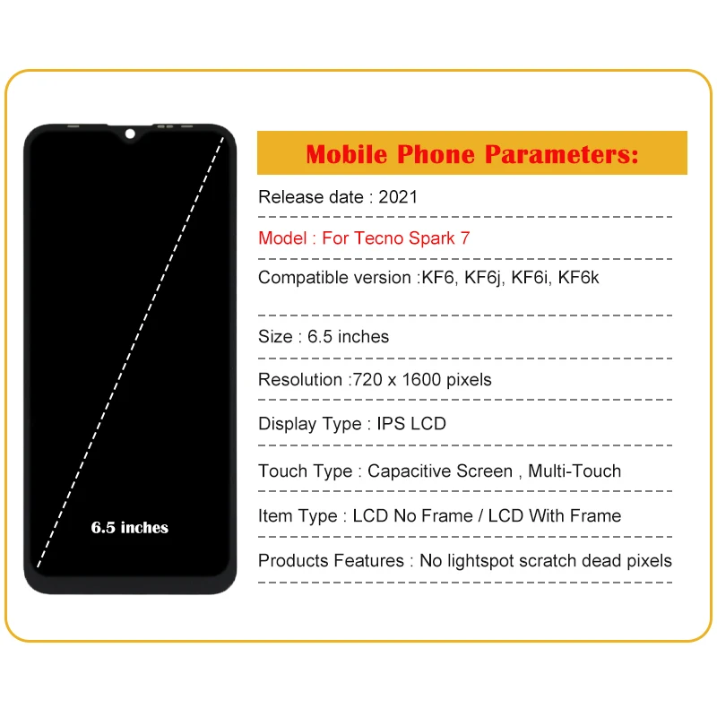 LCD Display Touch Screen Digitizer Assembly Replacement Parts, for Tecno Spark 7, KF6m, KF6h, KF6n, PR651, KF6k, 6.5\