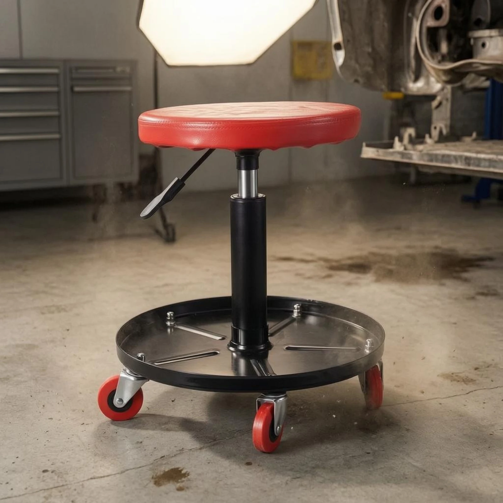 Garage Stool with Tray Padded Seat Storage Mechanic Stool Mechanic Chair with Wheels Black Metal Easy to Clean for Mechanics