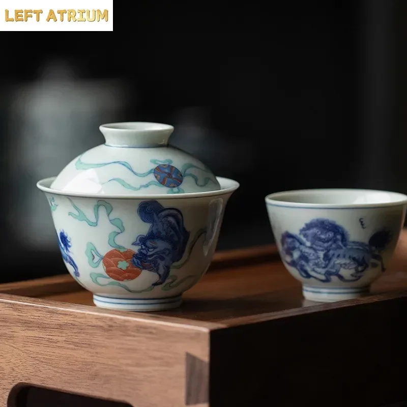 130ML Antique Blue and White Fighting Color Lion Hydrangea Cover Bowl Ceramic Make Tea Bowl Household Tea Set Cover Bowl Teacup