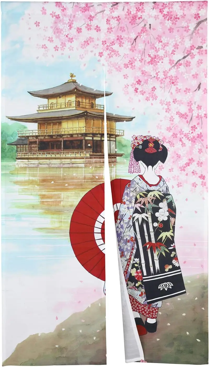 Japanese Style Cherry Blossom Curtain, Japanese Style Door Curtain with Temple and Geisha Pattern, Japanese Style Room Divider