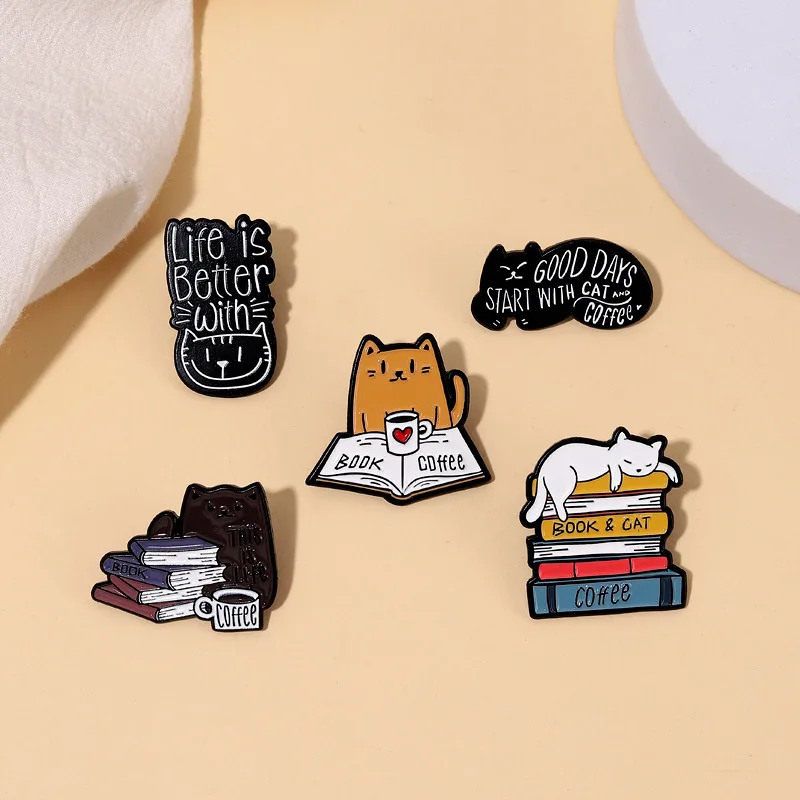 Creative Coffee and Book Cat Enamel Pins for Backpack Bag Accessories Gifts for Friends