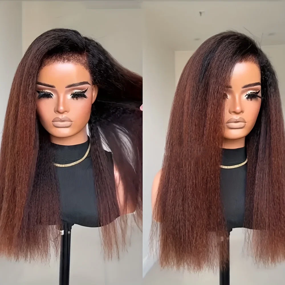 أومبير براون لينة 26 "طويل غريب مستقيم ياكي قبل قطعها 180 الكثافة الدانتيل شعر مستعار أمامي الاصطناعية للنساء مقاومة للحرارة غلويليس