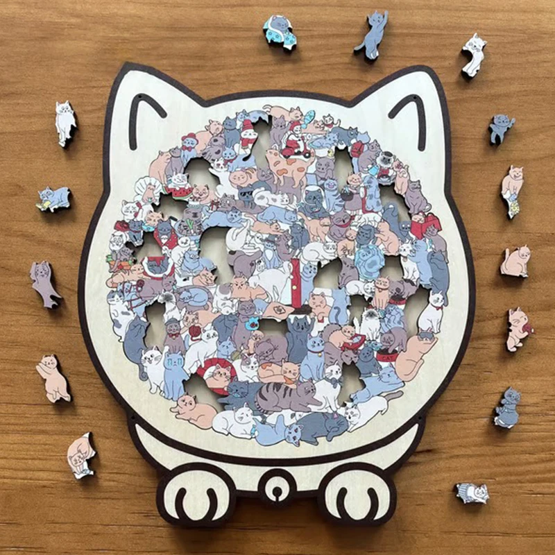 【A-Nice】 135-teiliges Katzenförmiges Holzpuzzle in Morandi-Farbe, unregelmäßige Katzen, Tierstücke für Heimdekoration und Partyspiele, Geschenke