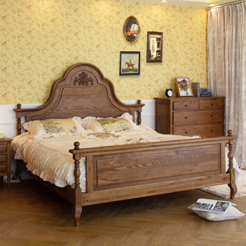 American country oak carved bed retro pastoral style homestay solid wood shelf bed with sensor light single double bed