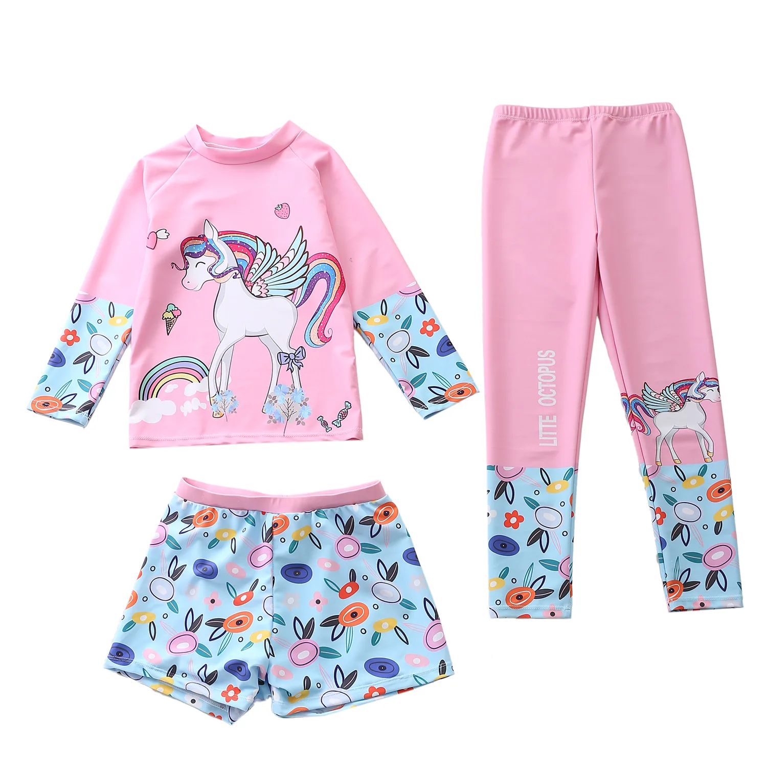 Girls Swimwear Long Sleeve Rash Guard Surf Pants Swimming Trunks for Girls Unicorn Children\'s Swimsuit Beach Bathing Suit Kids