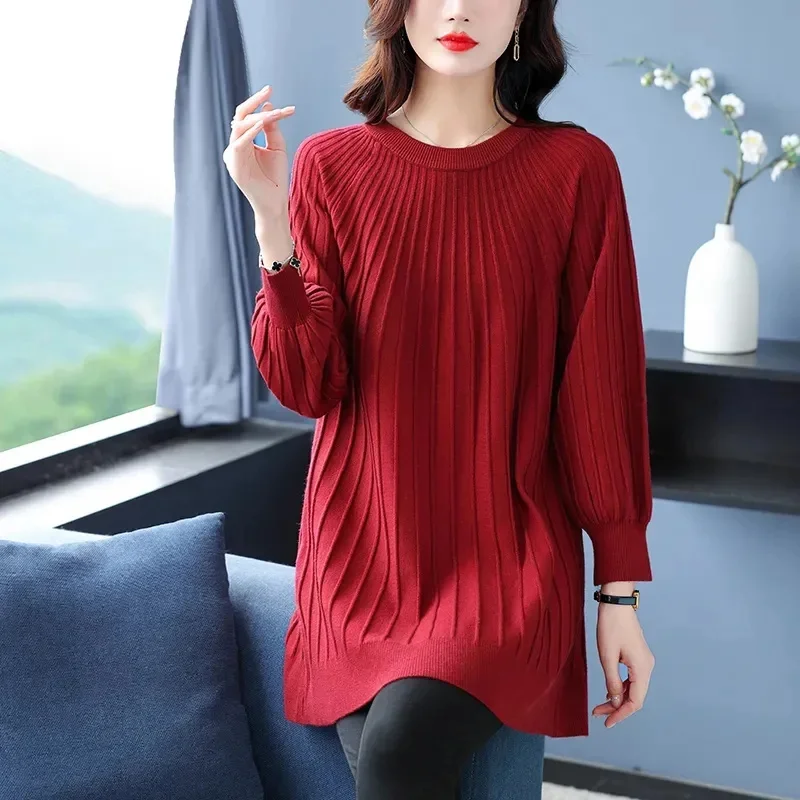 2026 Middle Aged Mother O-Neck Sweater Dress Spring Autumn Ladies Large Size 6XL Long Sweater Femme Fashion Loose Knit Top view 5